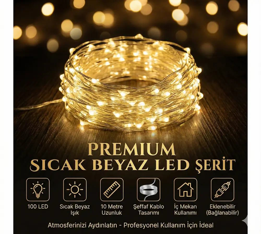 Yılbaşı Aydınlatması 100 LED Perde Hortum Sıcak Beyaz Işık - 10 Metre Dekoratif Şeffaf Kablolu Süs 3