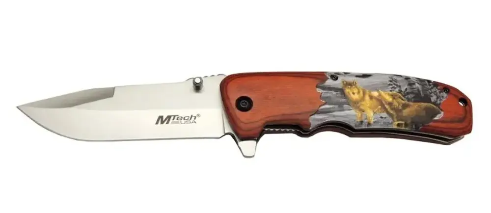 Mtech Y 12K Kahverengi Kamp Çakı 21,5cm - Yarı Otomatik, Kemerlikli, Kurt Baskılı Ahşap Sap