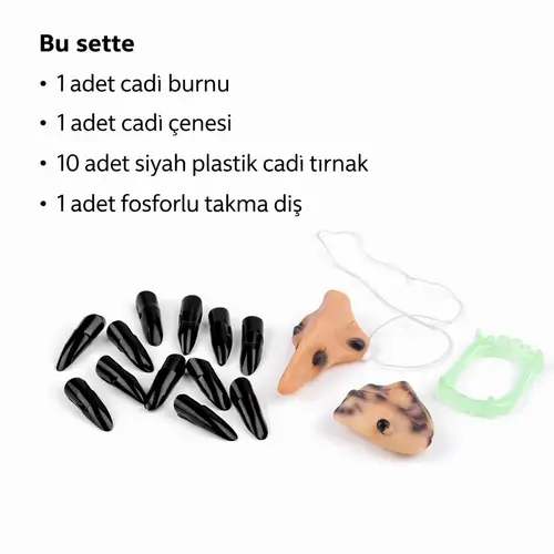 Cadı Aksesuar Seti – Bürün Çene, Fosforlu Diş ve 10 Adet Siyah Tırnak