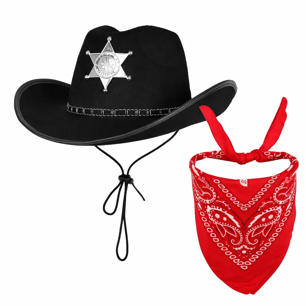 Çuk Kovboy Şapka Rozetli Siyah & Kırmızı Bandana Fular Seti 2