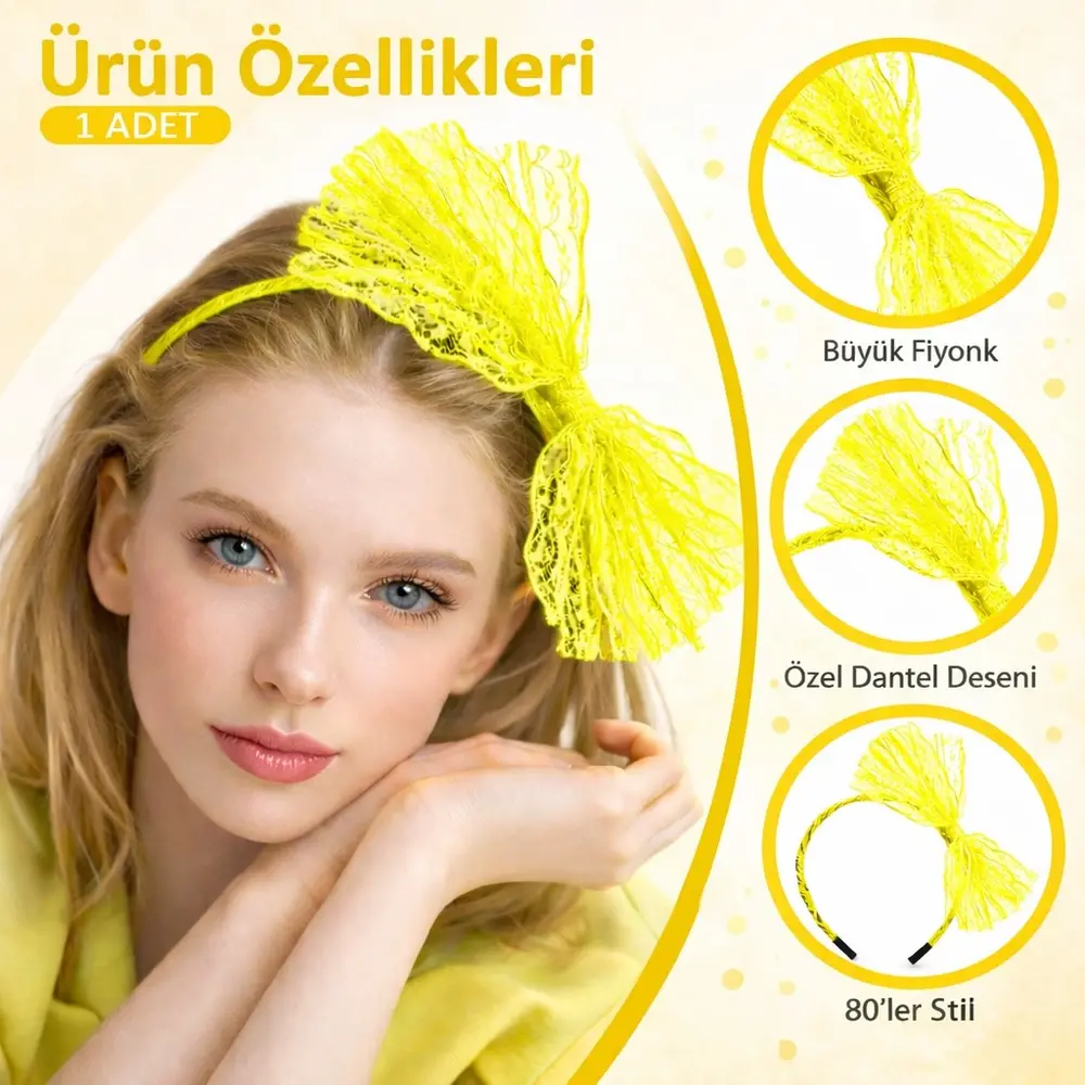 80’ler 90’lar Neon Sarı Dantel Taç Fiyonklu 2