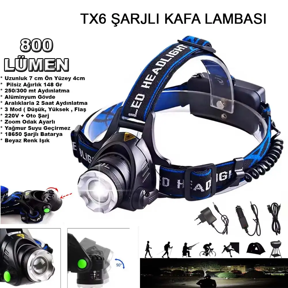 800 Lümen Tx6 Şarjlı Zoomlu Kafa Feneri Wt-120 2