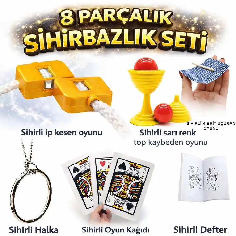 8’li Sihirbazlık Seti (Kibrit, Defter, H, Kupa, İp, 3’lü Kart)