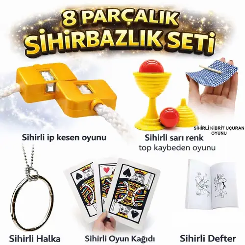8’li Sihirbazlık Seti (Kibrit, Defter, H, Kupa, İp, 3’lü Kart)