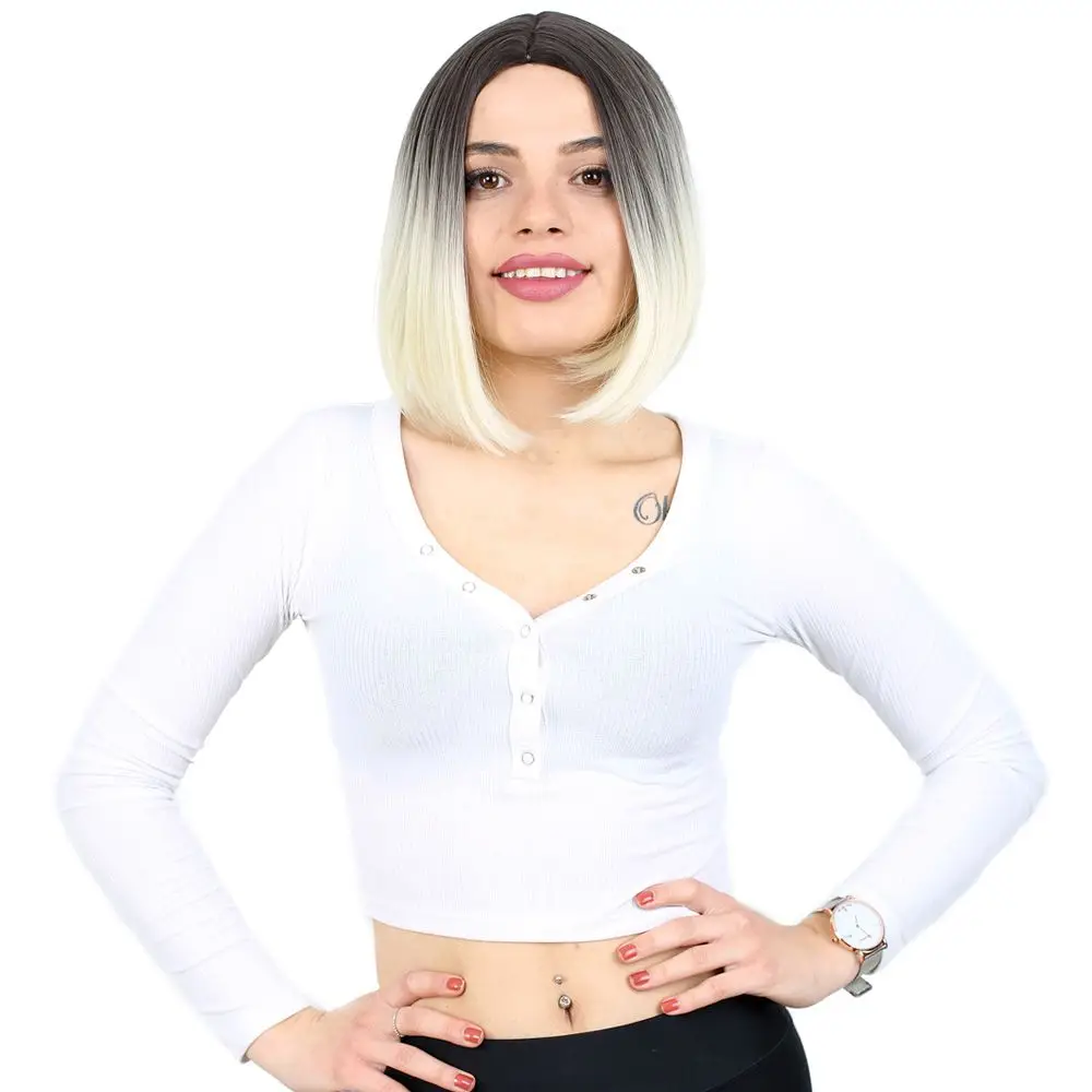 Kahkülsüz Düz Kısa Fiber Sen Peruk / Küllü Siyah / Platin Ombreli 2