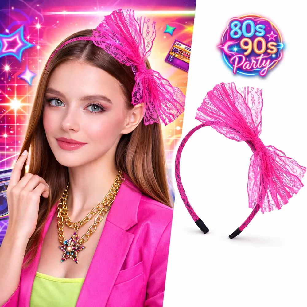 80’ler 90’lar Neon Pembe Dantel Taç Fiyonklu 2
