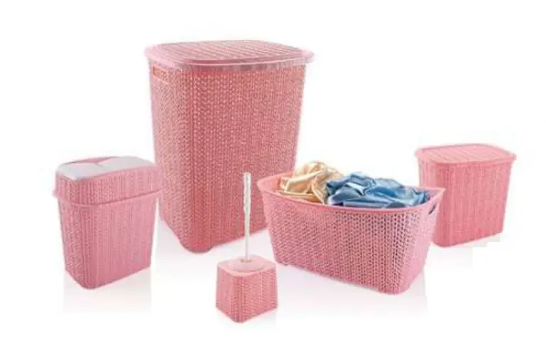 5 Parça Örgü Desenli Plastik Banyo Seti Çamaşır Sepeti Deterjanlık Klik Çöp Kovası Klozet Fırçası