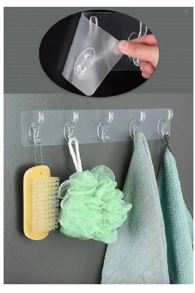 2 Adet Kendinden Yapışkanlı Güçlü Şeffaf 5li Askılık - Kapı Arkası Mutfak Duvar Banyo 3