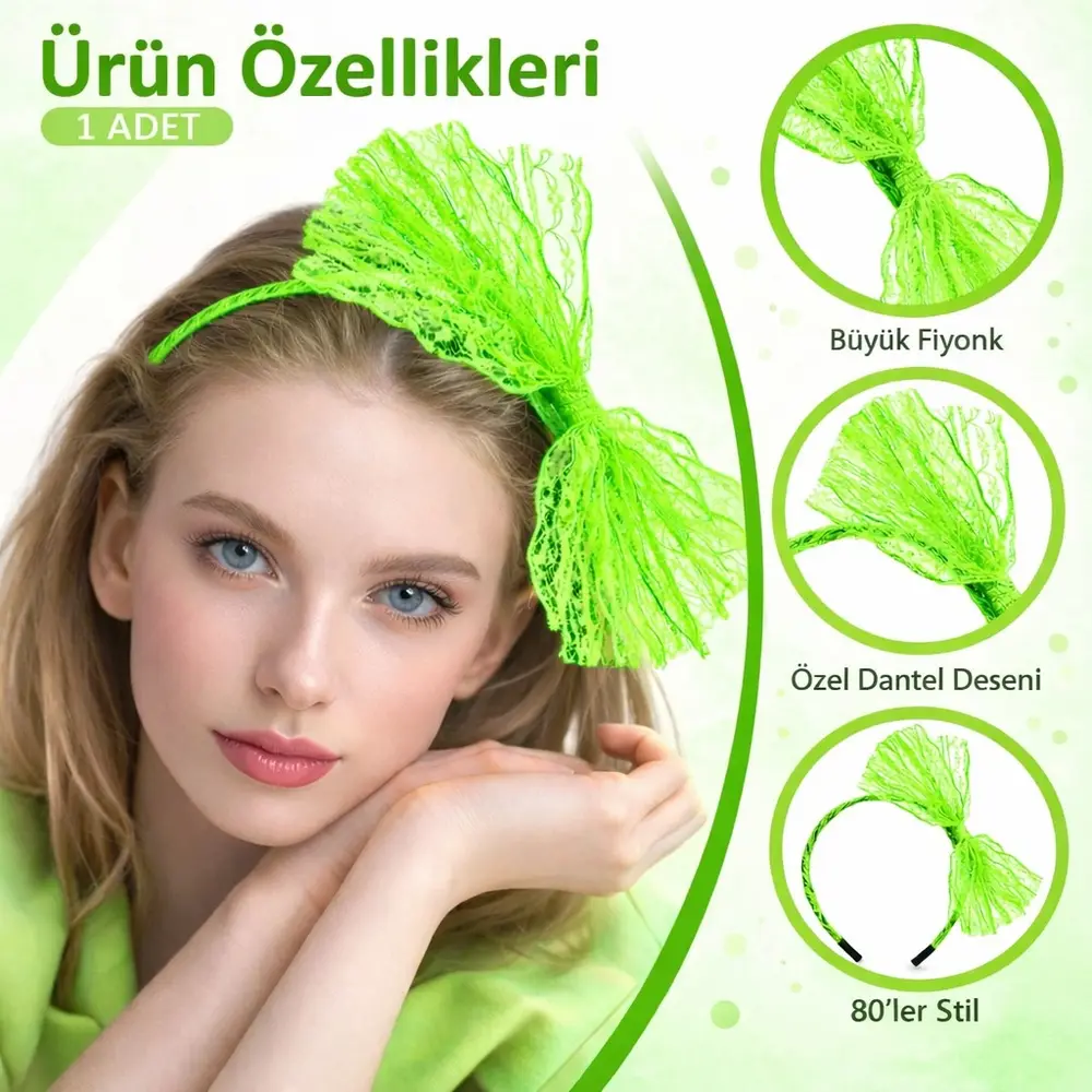 80’ler 90’lar Neon Yeşil Dantel Taç Fiyonklu 2