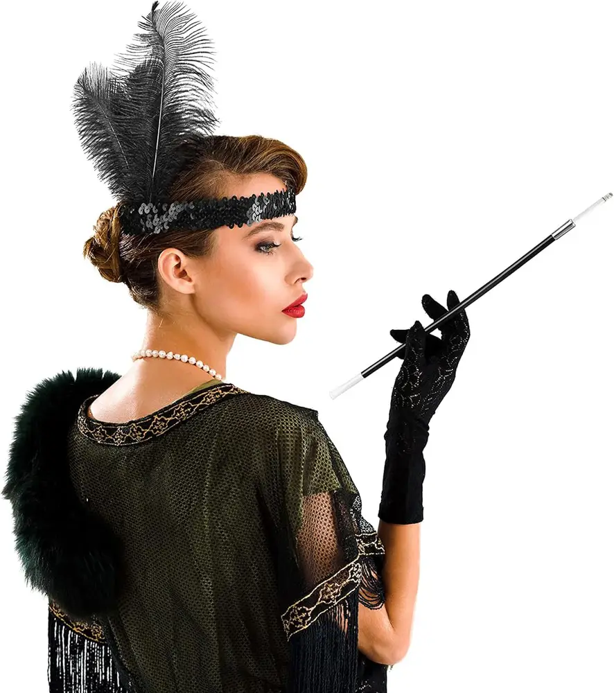1920'ler Gatsby Aksesuar Seti – Siyah Charleston Saç Bandı & lık 2