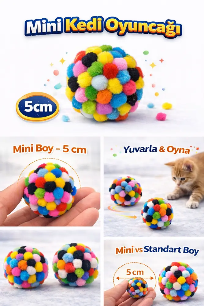 Mini Ponpon Kedi Oyuncak Topu 5 cm ( 2 Adet ) – Yumuşak Renkli Sessiz Kedi Oyun Topu 2