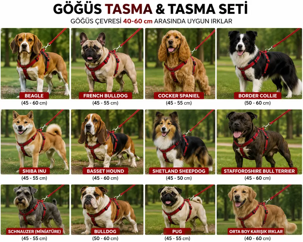 Gezdirme Kayışlı Dokuma Köpek Göğüs Tasma Seti 40*60-110 cm Kırmızı 4