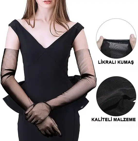 Uzun Boy Likralı Siyah Renk Yetişkin Mega Tül Eldiven 53 cm 4