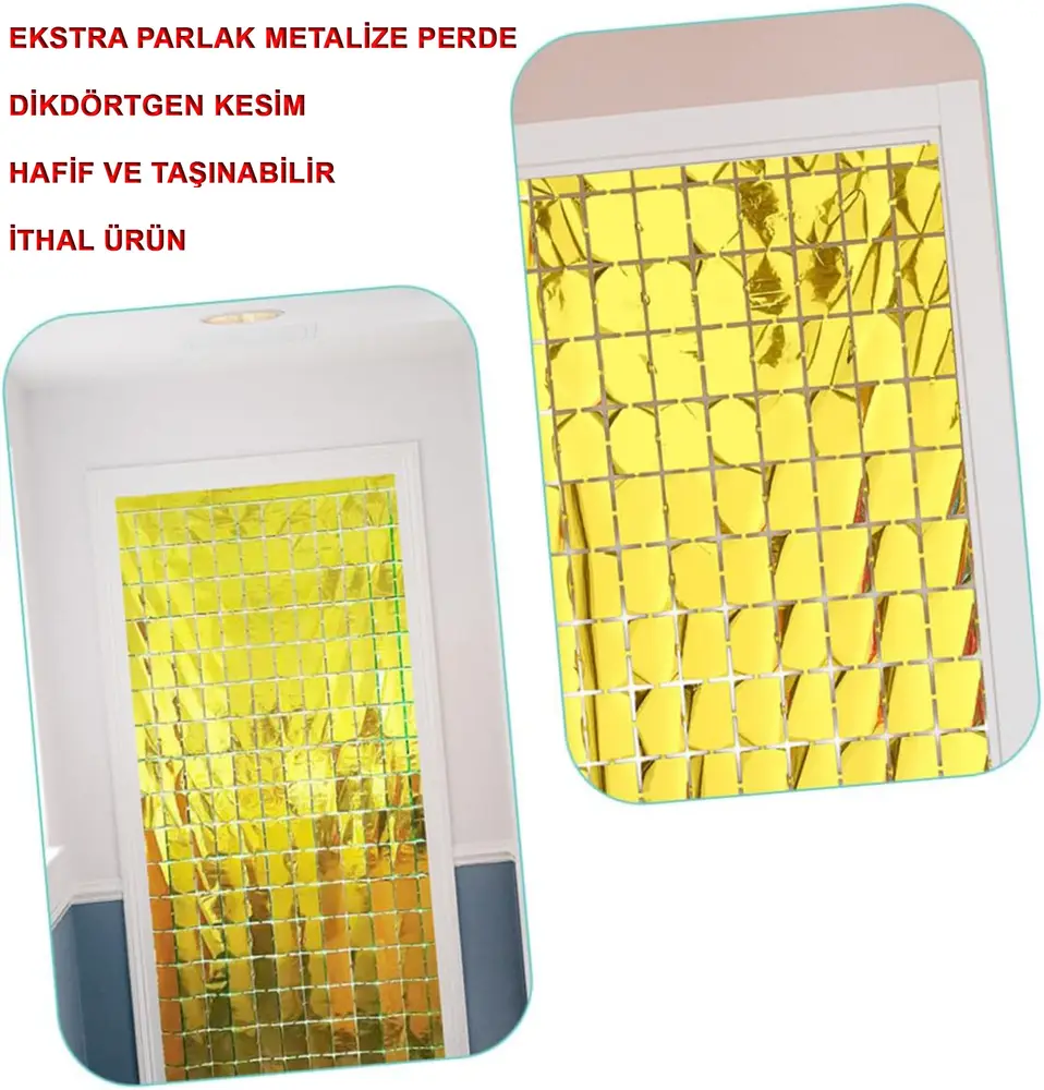 Ekstra Metalize Altın Renk Disko Dikdörtgen Kesim Kapı Perdesi Dekorasyon 1x2 Metre 2