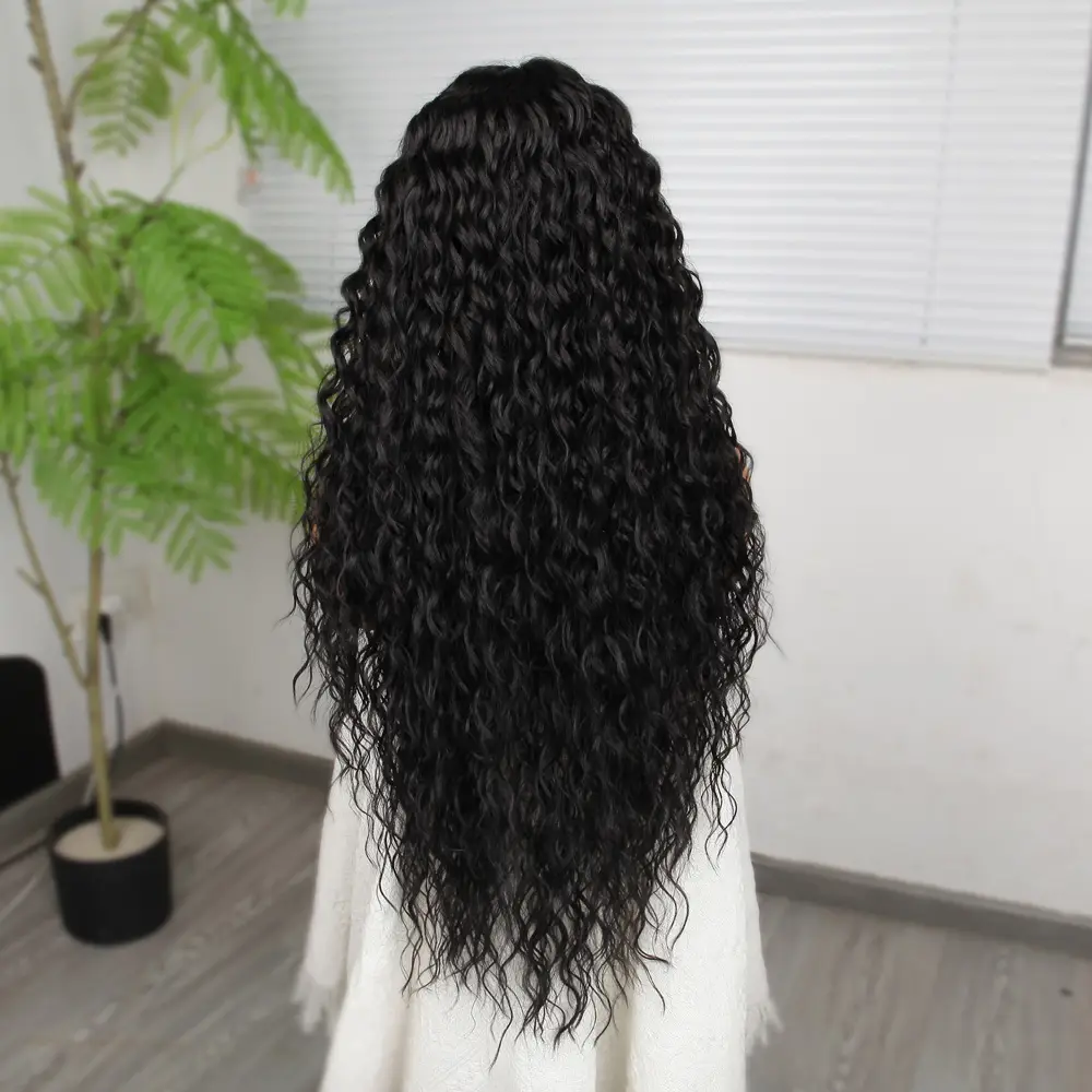 Ekstra Uzun Yoğun Afro Daa Siyah Fiber Sen Geniş T Tül Peruk 5