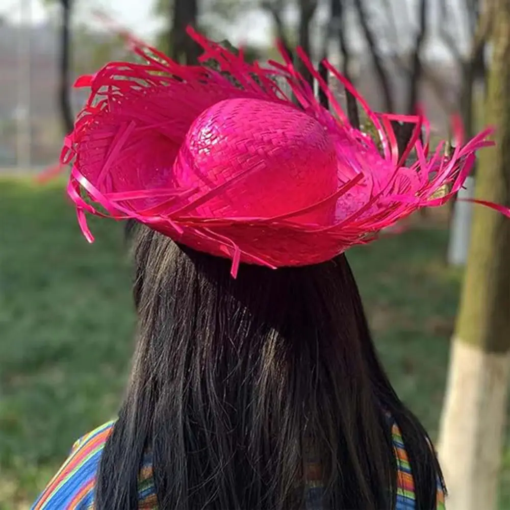 Tropikal Parti Pembe Fuşya Hasır Hawaii Şapkası 13x36 cm 5