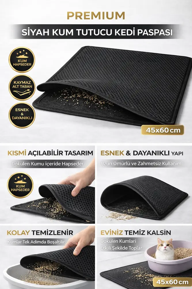 Kedi Elekli Tuvalet Önü Kum Tutucu Paspas 45 cm - 60 cm Siyah 3