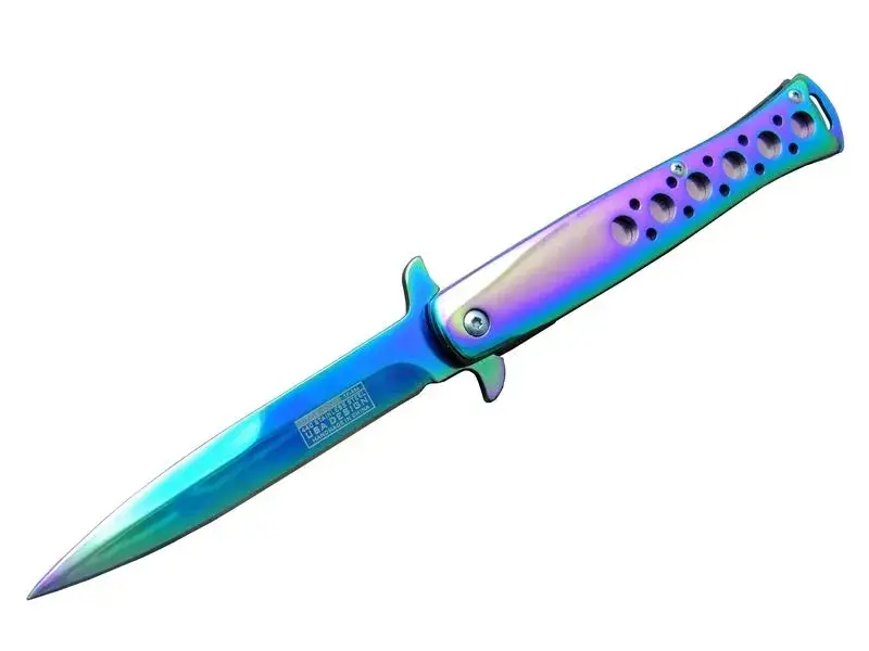 Tac-Force Tac Force Ti-Lite 1111 GK Gökkuşağı Kamp / Çakısı 23cm- Yarı Otomatik, Kemerlikli, Metal Desenli Sap
