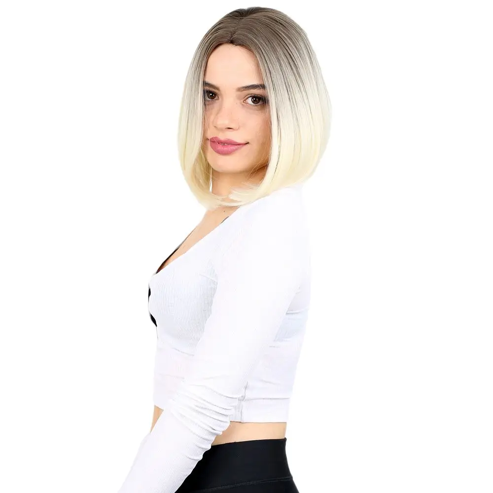 Kahkülsüz Düz Kısa Fiber Sen Peruk / Küllü Açık Kahve / Platin Ombreli 3