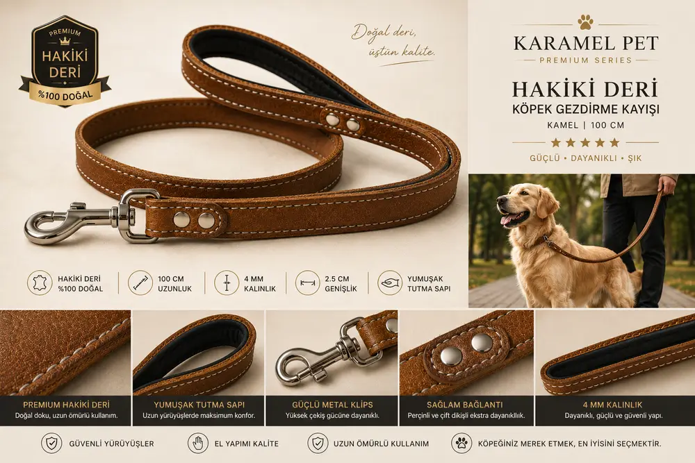 Hakiki Deri Köpek Gezdirme Kayışı Kamel 100 cm Yumuşak Doulu Tutma Saplı 2