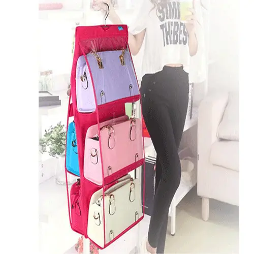6 Gözlü Pratik Dolap İçi Çanta Askılığı/Organizer (Pembe) 5