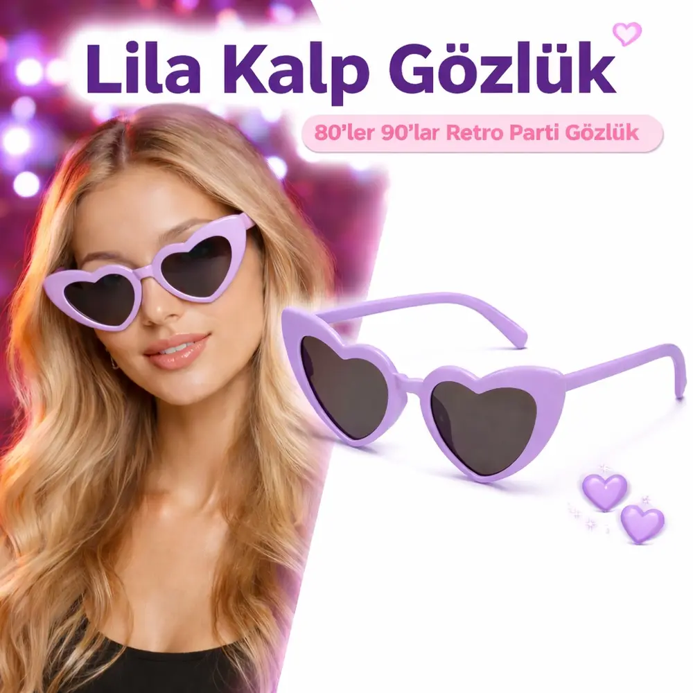 Mor Lila Retro Kalp Gözlük – 80’ler 90’lar Stil Parti Gözlüğü 2
