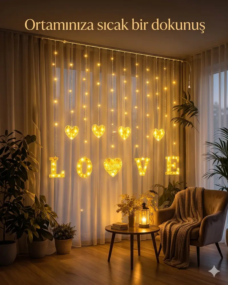 3 Metre Perde Led Işık - 8 Modlu Kalp ve LOVE Figürlü Dekoratif Animasyonlu Led 4