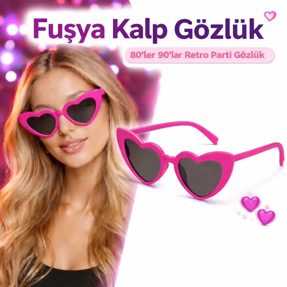 Fuşya Pembe Retro Kalp Gözlük – 80’ler 90’lar Stil Parti Gözlüğü 2