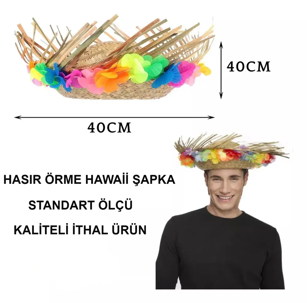 Naturel Renk Püsküllü Örme Hasır Hawaii Luau ha Şapka 13x36 cm 4