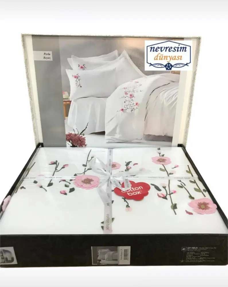 3D Nakışlı Çift Kişilik Saten Nevresim Takımı Perla Beyaz 3