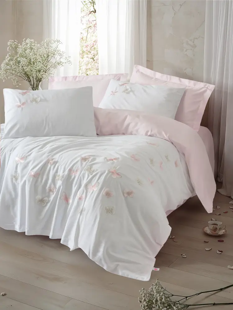 3D Nakışlı Çift Kişilik Saten Nevresim Takımı Charming Pudra