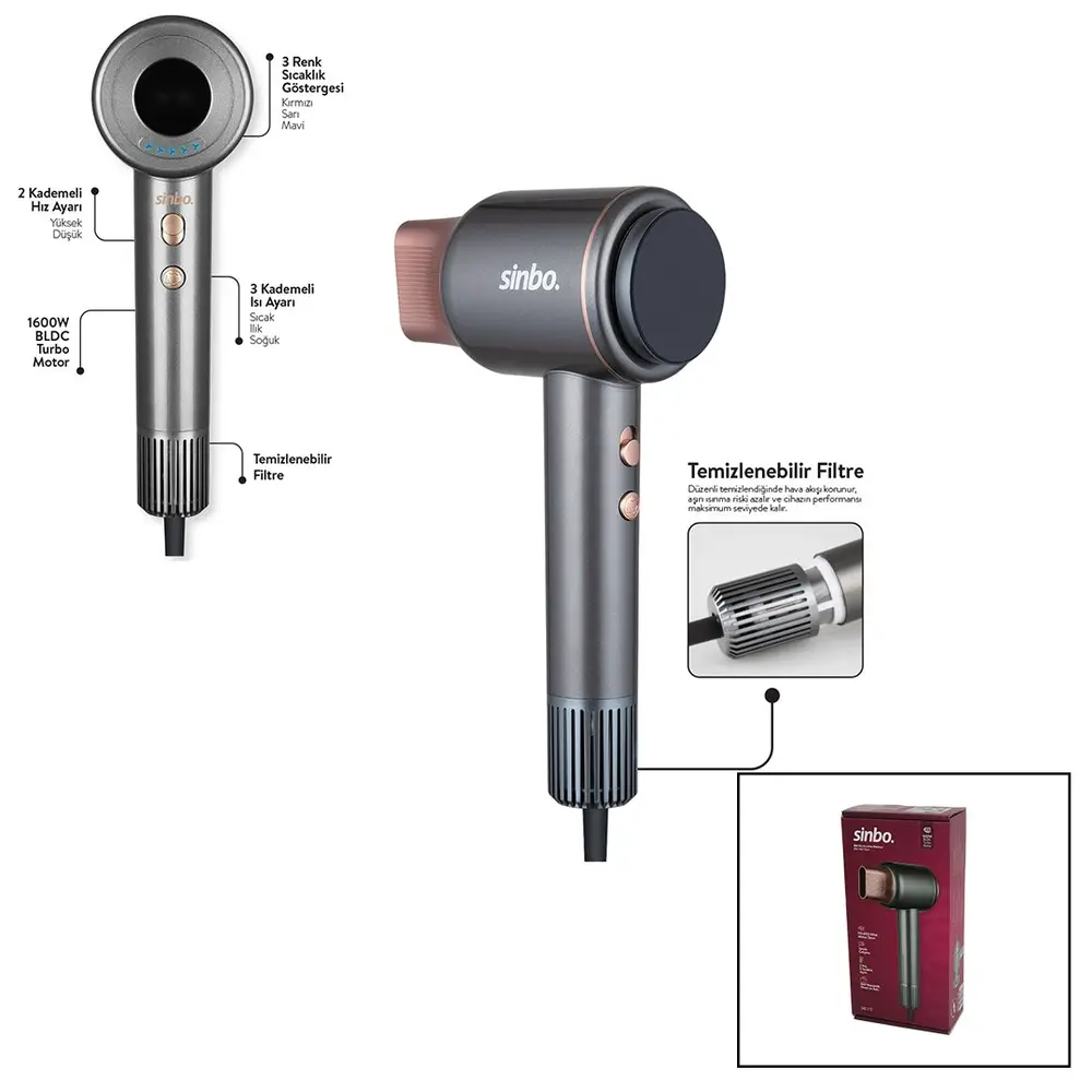 SİNBO SHD-1717 BLDC TURBO MOTOR TOKMAK MODEL SAÇ KURUTMA MAKİNESİ 1600W 2-KDM.HIZ 3-KDM.SICAKLIK YAPIŞKANLI ASKI