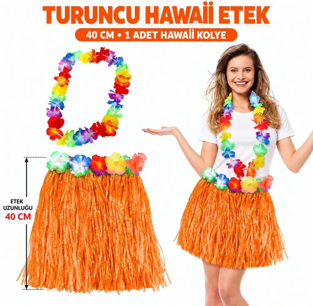 Hawaii Luau ha Tcu Püsküllü 40 cm Etek ve Hawaii Kolye Seti