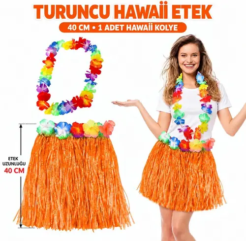 Hawaii Luau ha Tcu Püsküllü 40 cm Etek ve Hawaii Kolye Seti