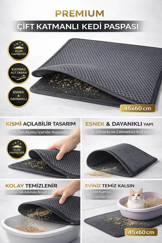 Kedi Elekli Tuvalet Önü Kum Tutucu Paspas 45 cm - 60 cm Gri 6
