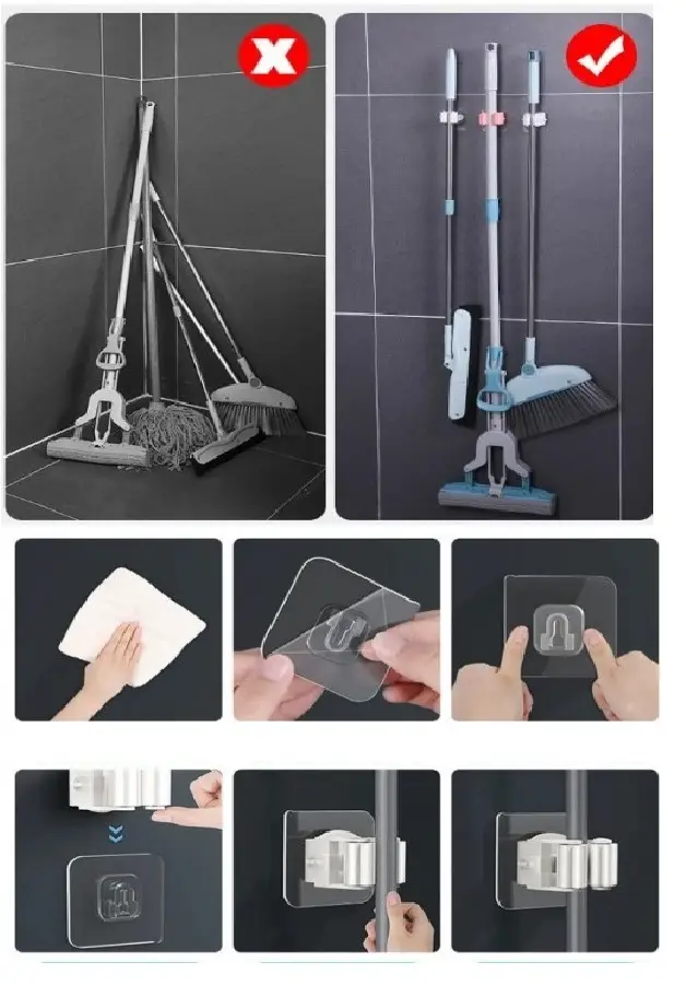4 Lü Kelebek Yapışkanlı Mop Fırça Çekpas Sap Tutucu Organizer Banyo Düzenleyici 5