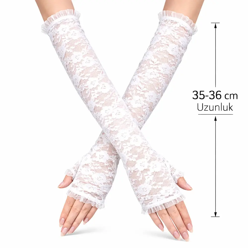 Uzun Zarif Dantel Eldiven Parmaksız Beyaz 35 cm