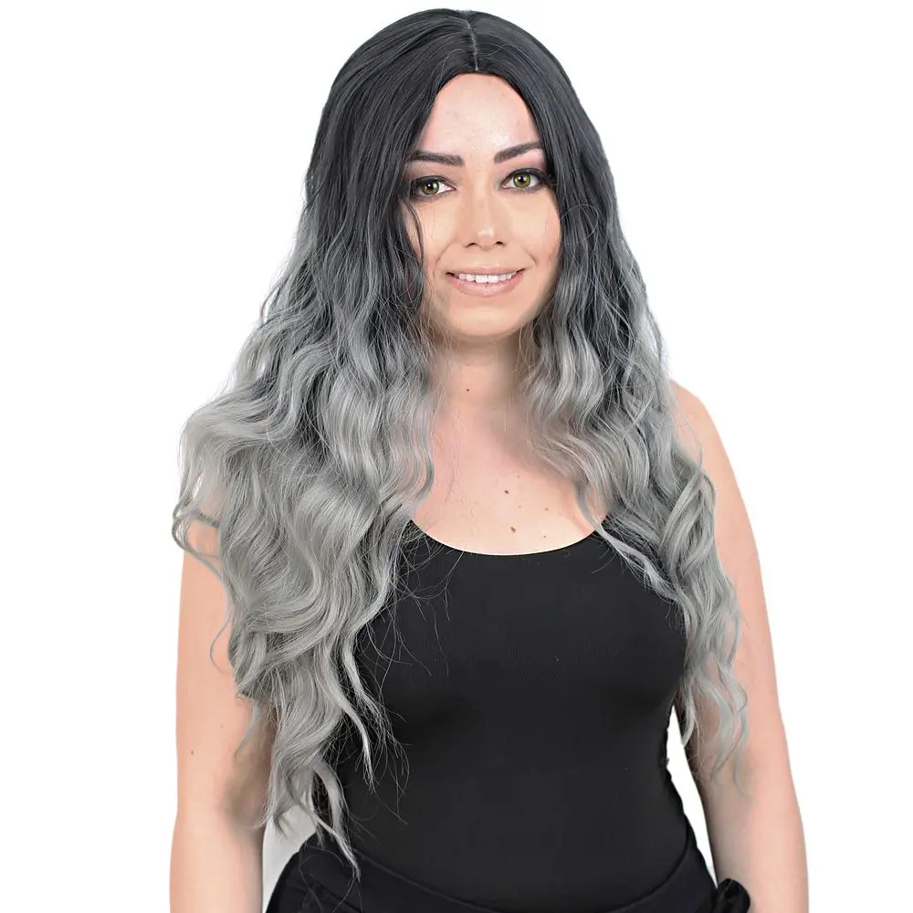 Su Daası Uzun Perçemsiz Fiber Sen Peruk / Siyah / Gri Ombreli
