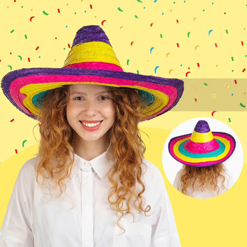 Sombrero Meksika Şapkası Renkli Örme Hasır Çuk Boy 4