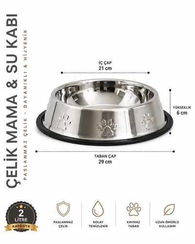 Köpekler İçin Pati Desenli Çelik Su Kabı 30 Cm - 64 Oz - 2 LT