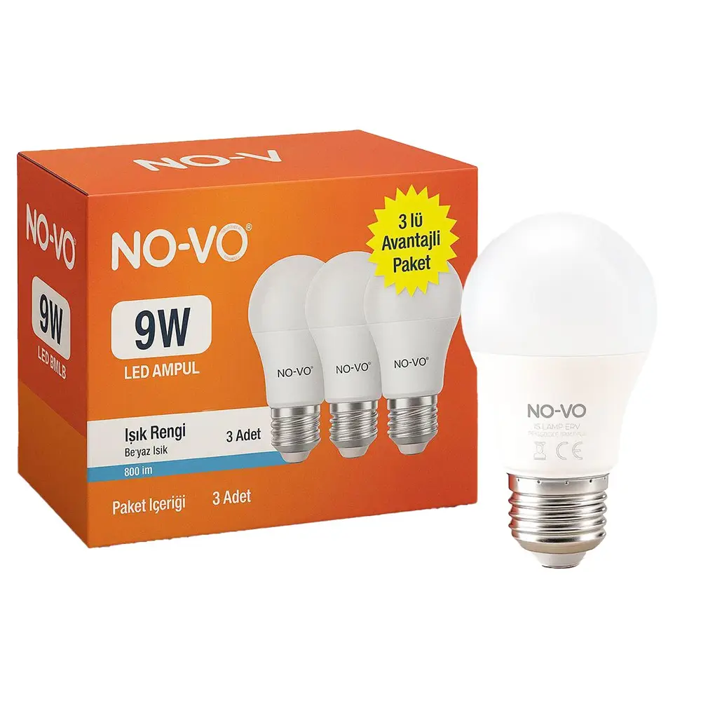 NO-VO 3LÜ ANTAJ PAKET 9W BEYAZ LED AMPUL E27 806LM 6500K 15.000 SAAT ÖMÜR