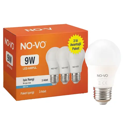 NO-VO 3LÜ ANTAJ PAKET 9W BEYAZ LED AMPUL E27 806LM 6500K 15.000 SAAT ÖMÜR