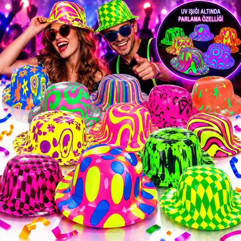 Neon Desenli UV Işıkta Parlayan Parti Şapkası – Karışık 1 Adet