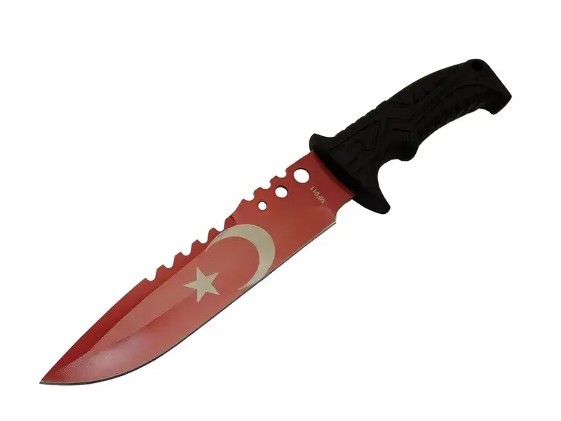 Bora Ayyıldız MF011 RD Kırmızı Bıçağı 31cm - Testere Detaylı Bıçak, Kılıflı, Plastik Sap