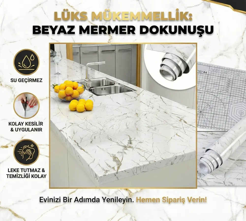 Beyaz Mermer Desenli Yapışkanlı Tezgah Folyosu (3 mt.x 60 cm) 4