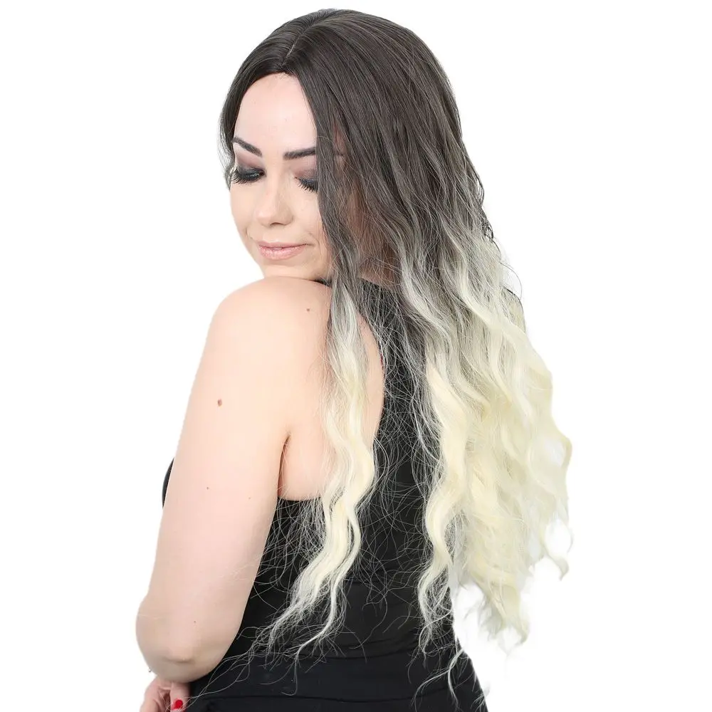 Su Daası Uzun Perçemsiz Fiber Sen Peruk / Küllü Siyah / Platin Ombreli 3