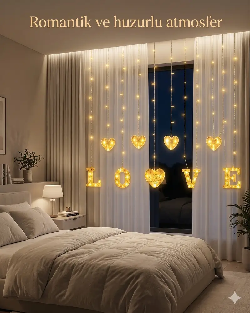 3 Metre Perde Led Işık - 8 Modlu Kalp ve LOVE Figürlü Dekoratif Animasyonlu Led 2
