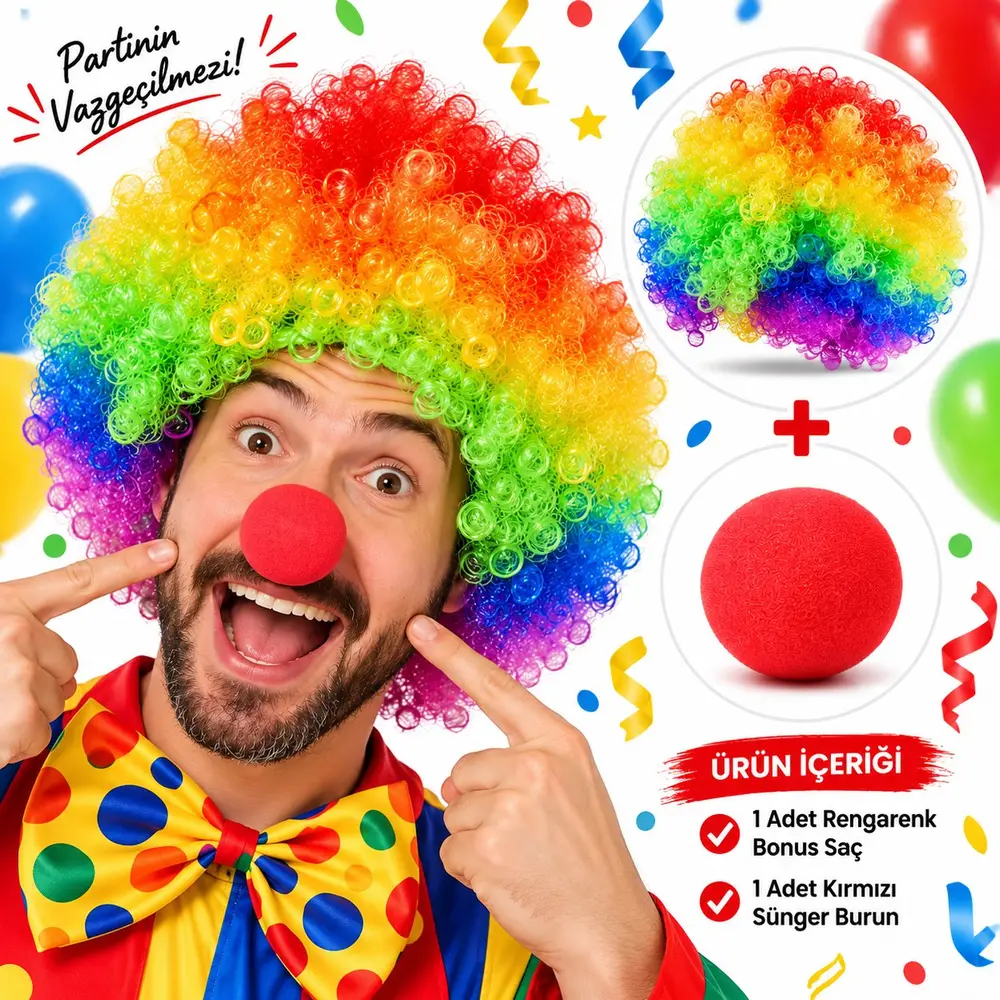Rengarenk Bonus Saç ve Kırmızı Sünger Bürün Seti