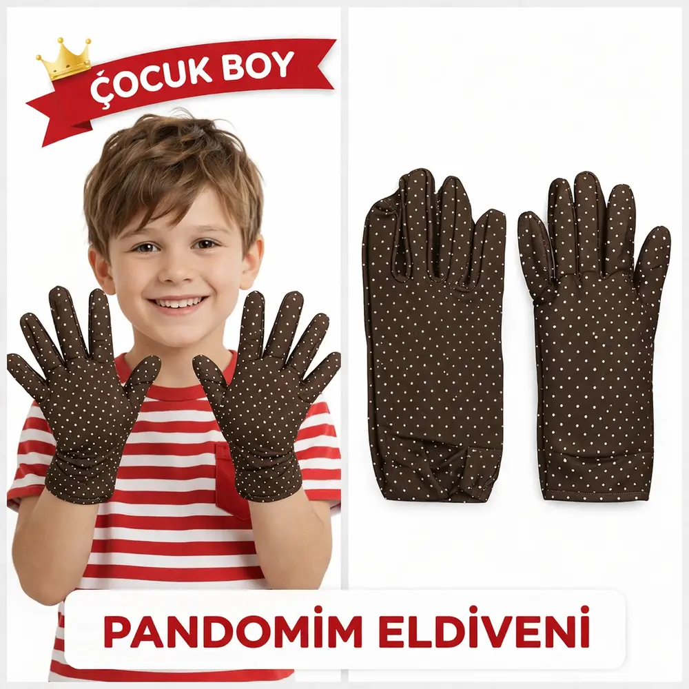 Çuk Boy Pandomim Eldiveni Beyaz Puantiyeli Kahve Renk Gösteri Eldiveni 23 Nisan 19 Mayıs