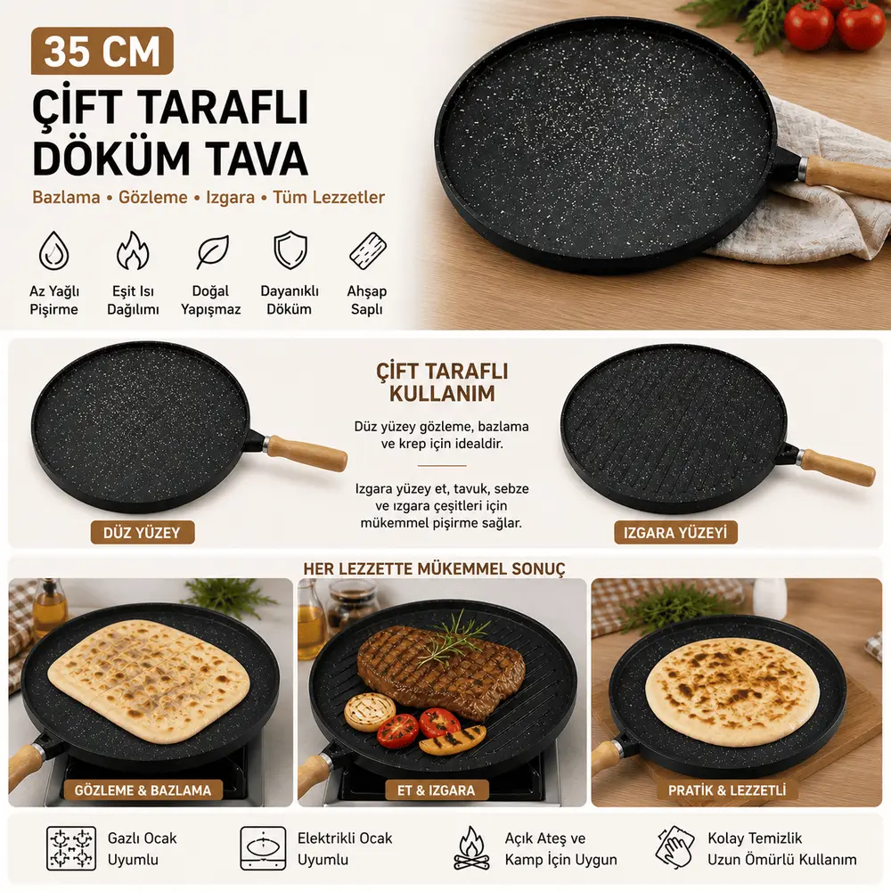 35 cm Döküm Gözleme Tası Çift Taraflı Bazlama Izgara Tası Ahşap Saplı Yapışmaz 2